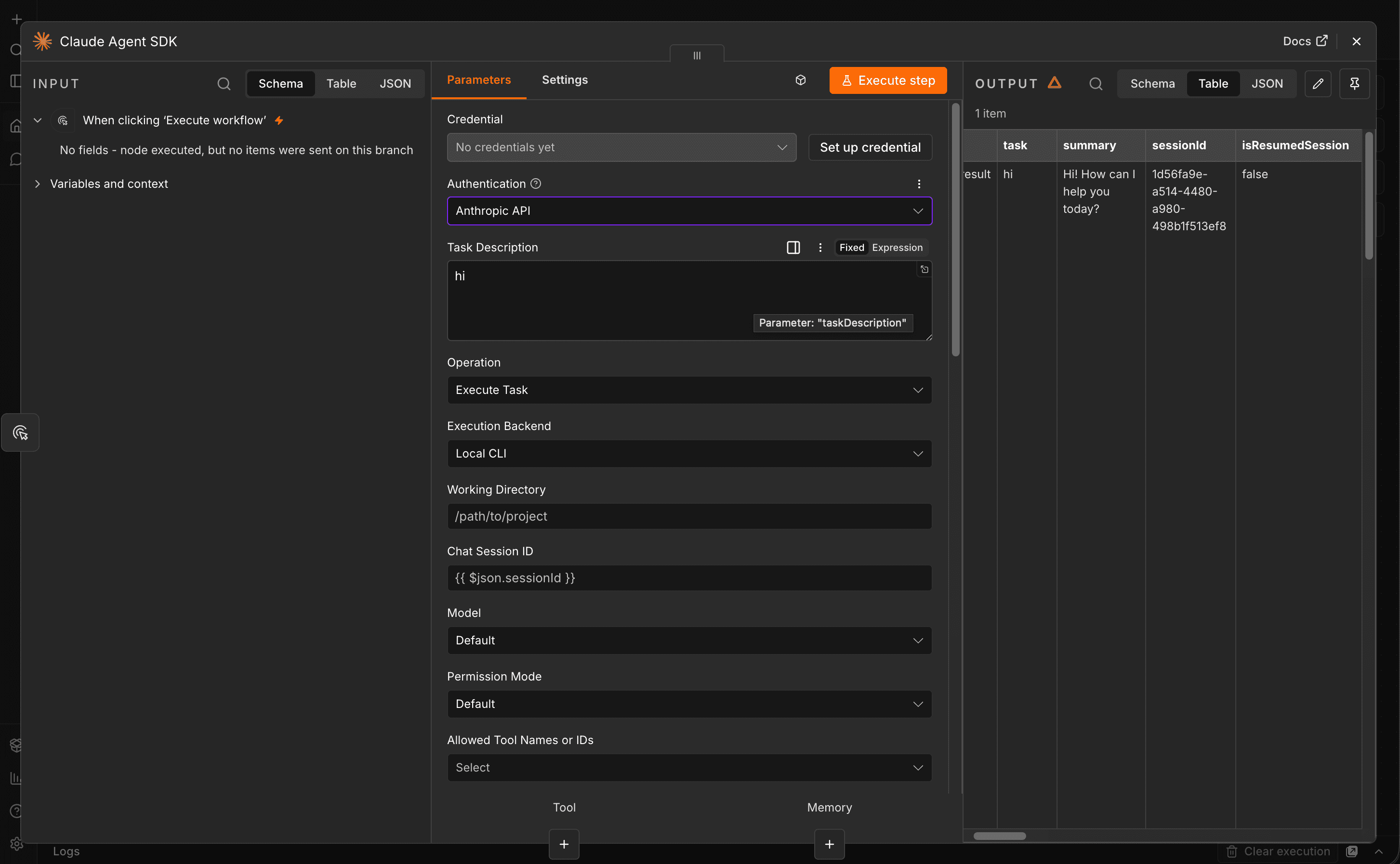 The Claude Agent SDK node running an Execute Task inside an n8n workflow