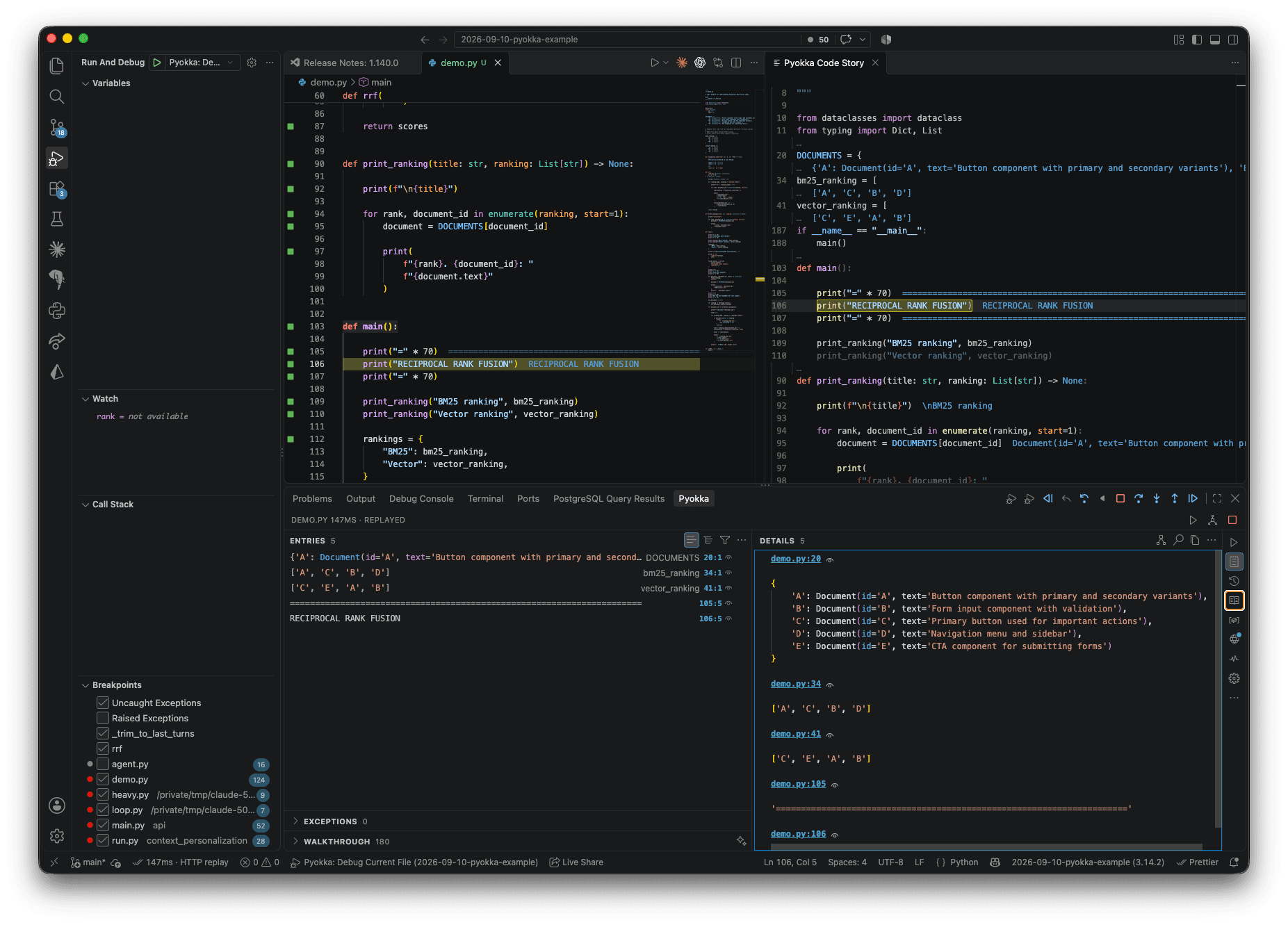 Pyokka in VS Code with recorded Python values and the Code Story panel