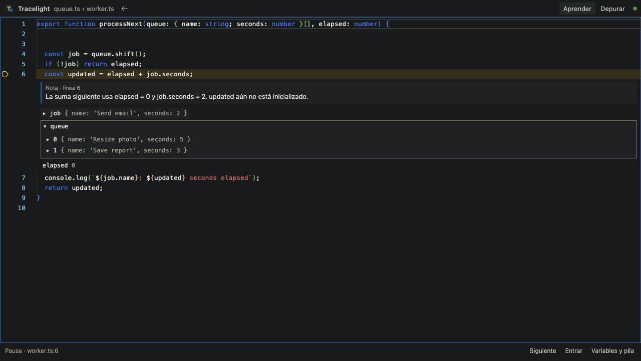 Tracelight paused in a TypeScript function with inline variables and an explanation
