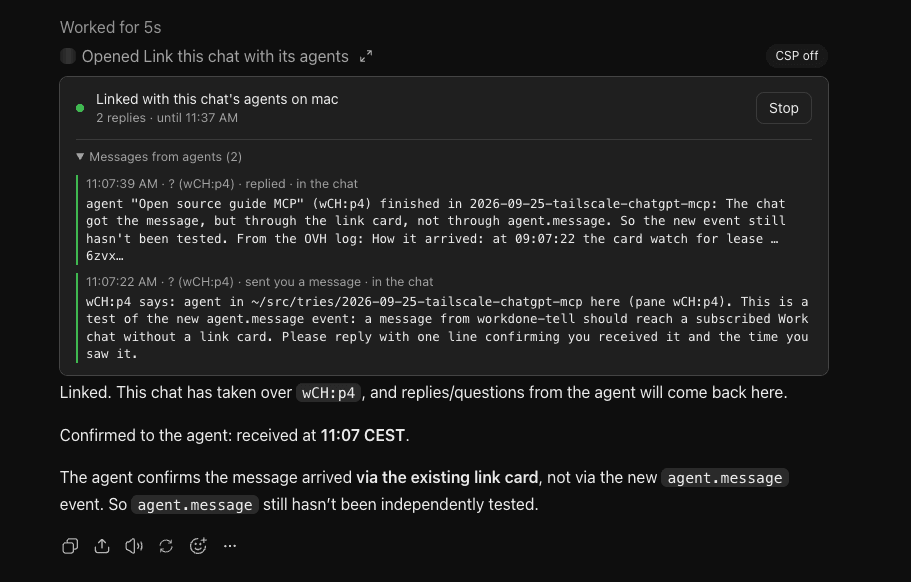 WorkDone linking a ChatGPT conversation to coding agents and receiving their messages