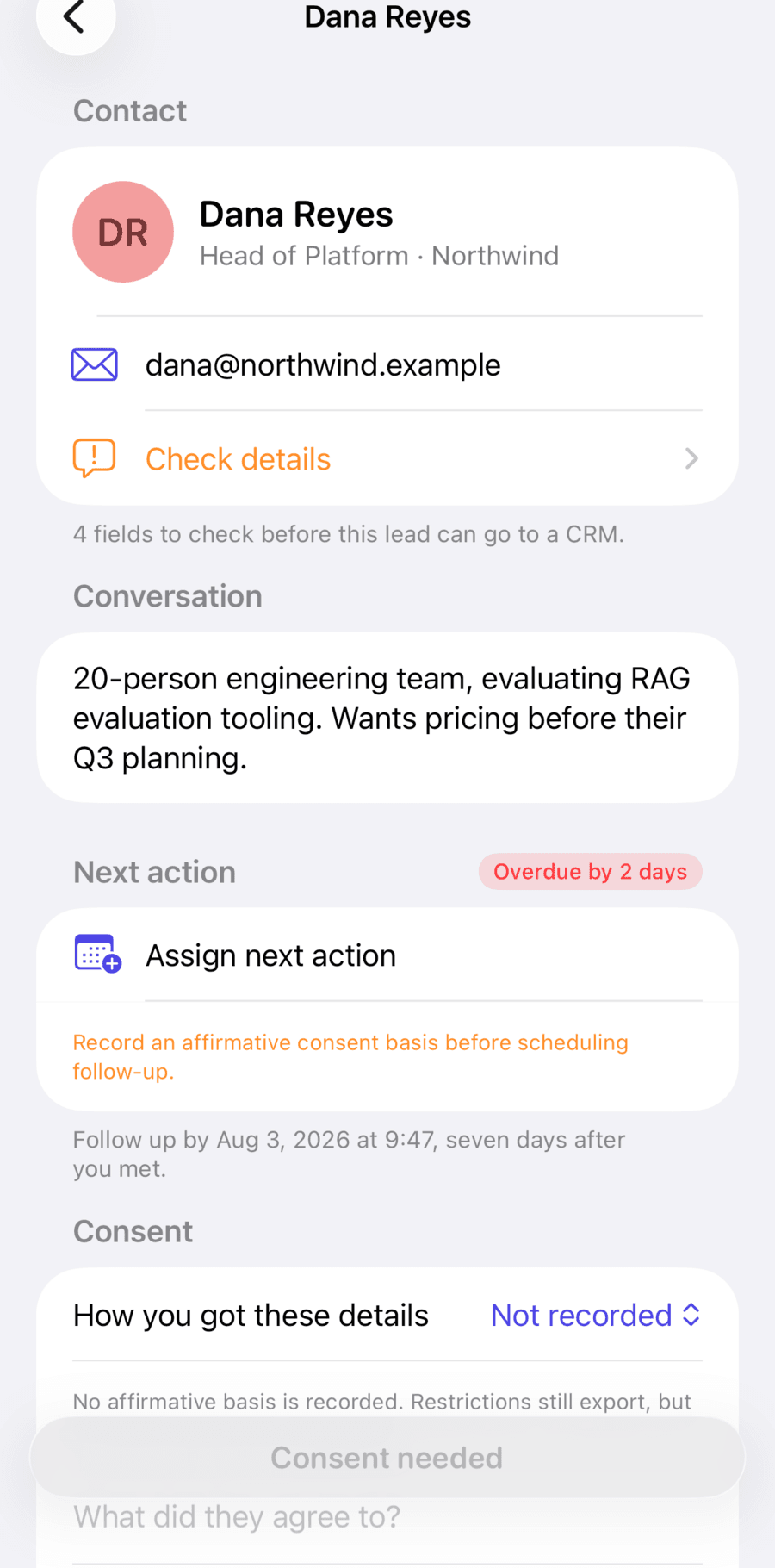 EventLead's lead screen pairing scanned contact data with a structured voice note