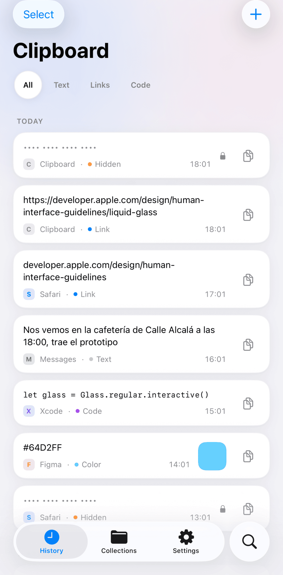 Keepclip's clipboard history with typed entries and a hidden vault item