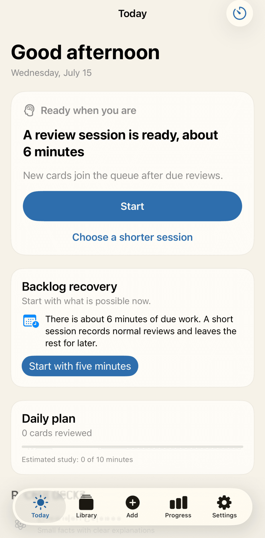 Quiet Recall's Today screen with a ready review session and backlog recovery