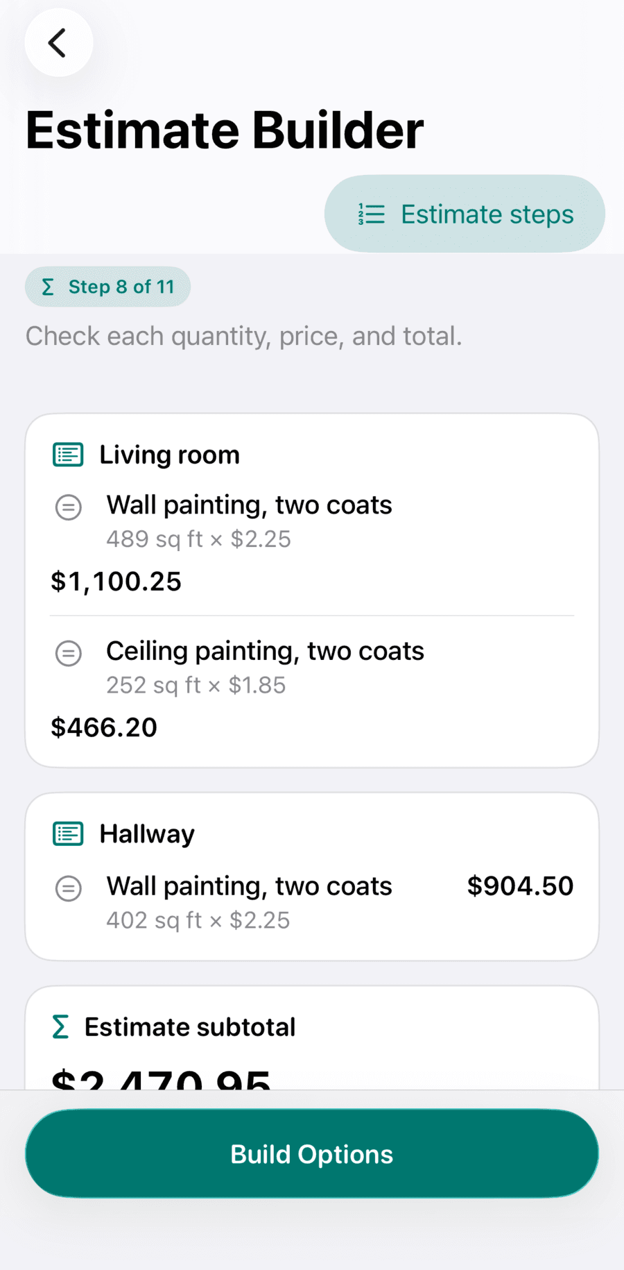 QuoteWalk's estimate builder populated with room line items